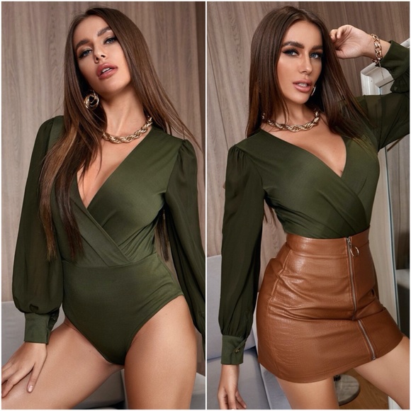 burgundy vneck overlap wide sleeve bodysuit - Picture 2 of 11